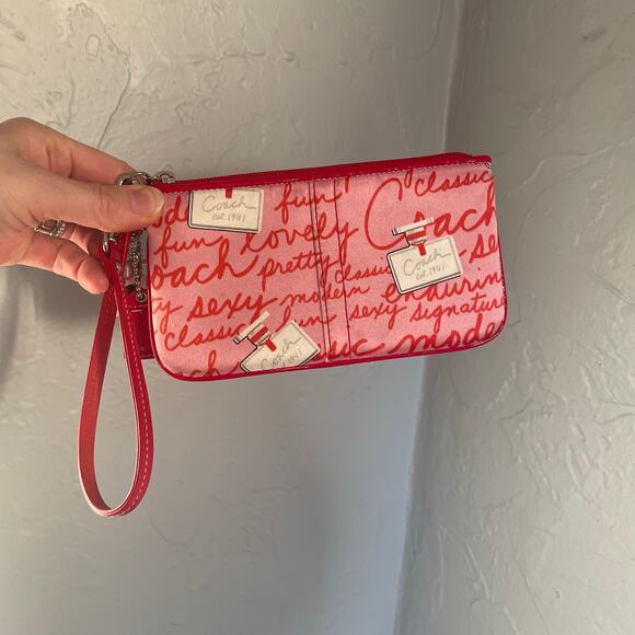 Coach Handbags - RARE Red Pink Coach Limited Edition Perfume Print Wristlet Bag Sateen Vintage